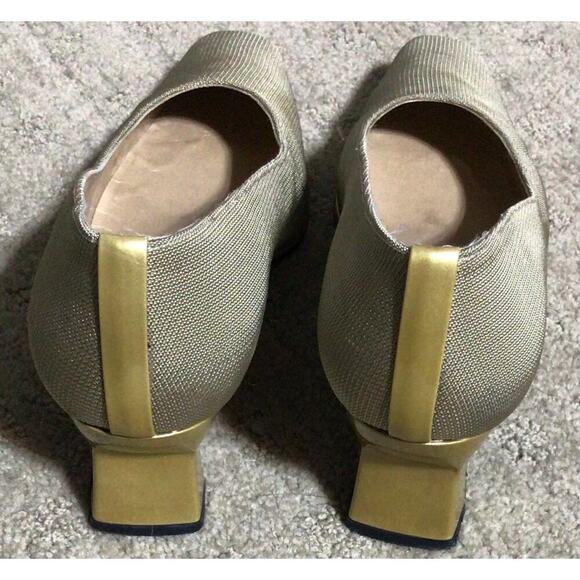 Stuart Weitzman Gold Tan Fabric Low Block Heel Pump Leather Sole Made In Spain 8 - Picture 2 of 6